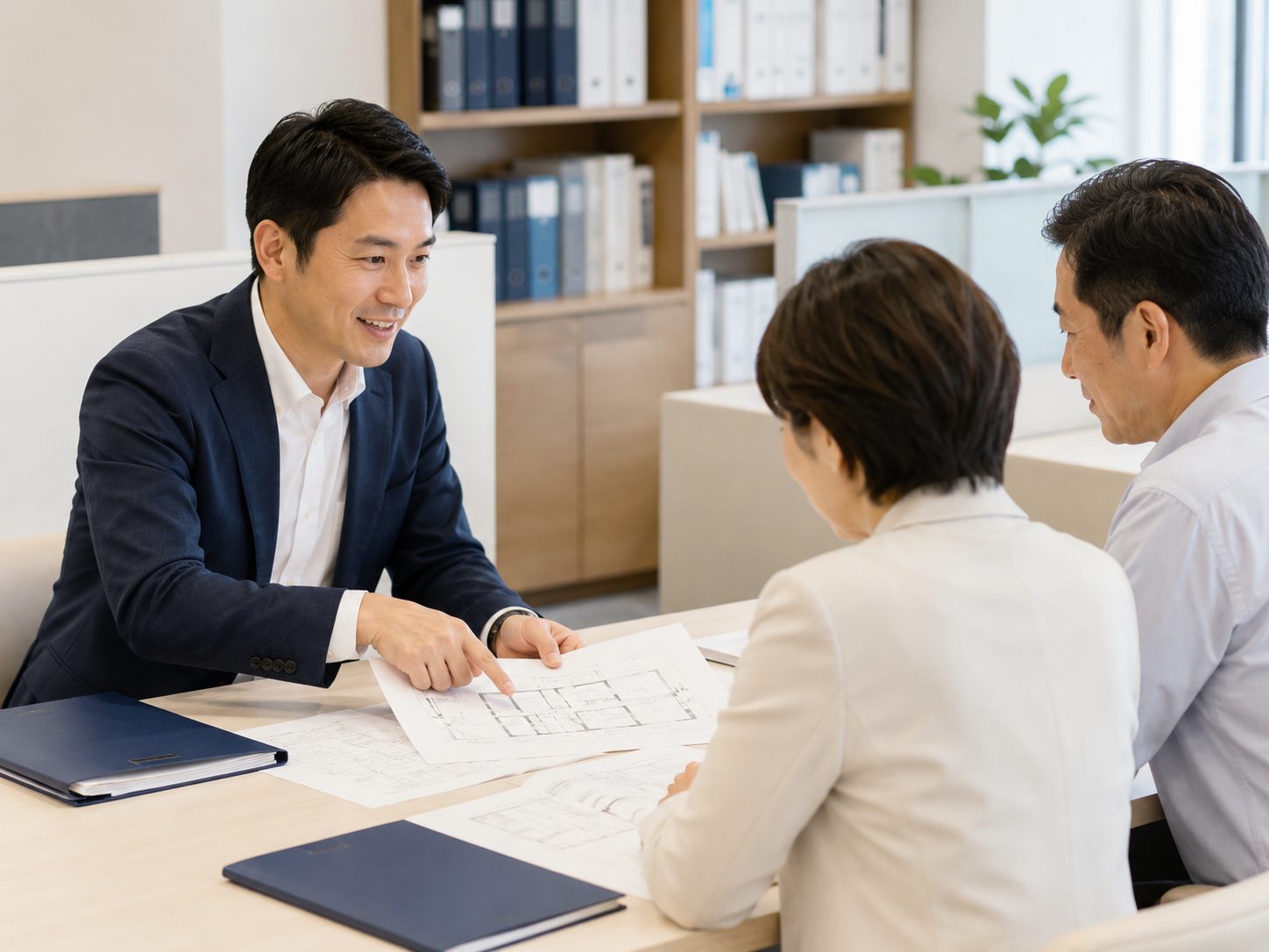 行政の窓口で図面を広げ、担当者と事前協議をする行政書士